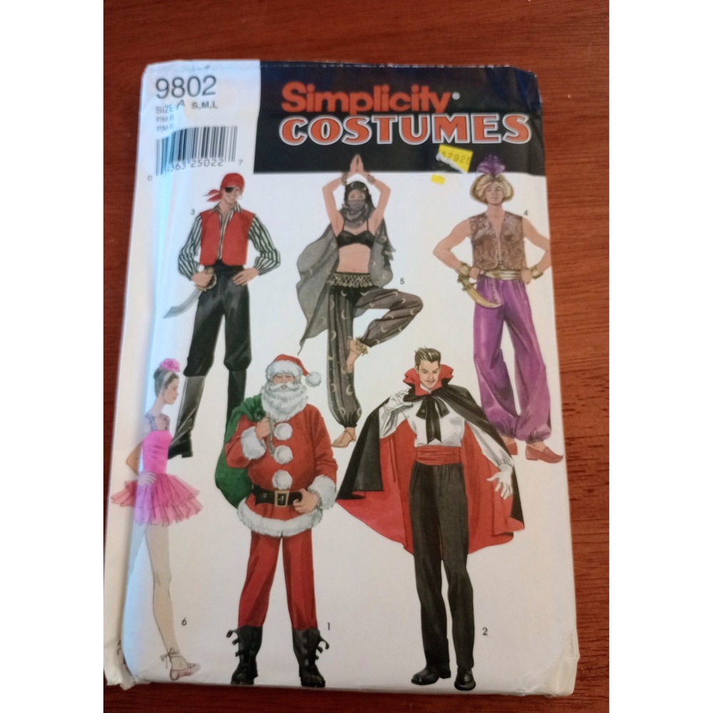 Simplicity 9802 Costume Pattern Size S M L Santa Vampire Pirate Genie Ballet OOP